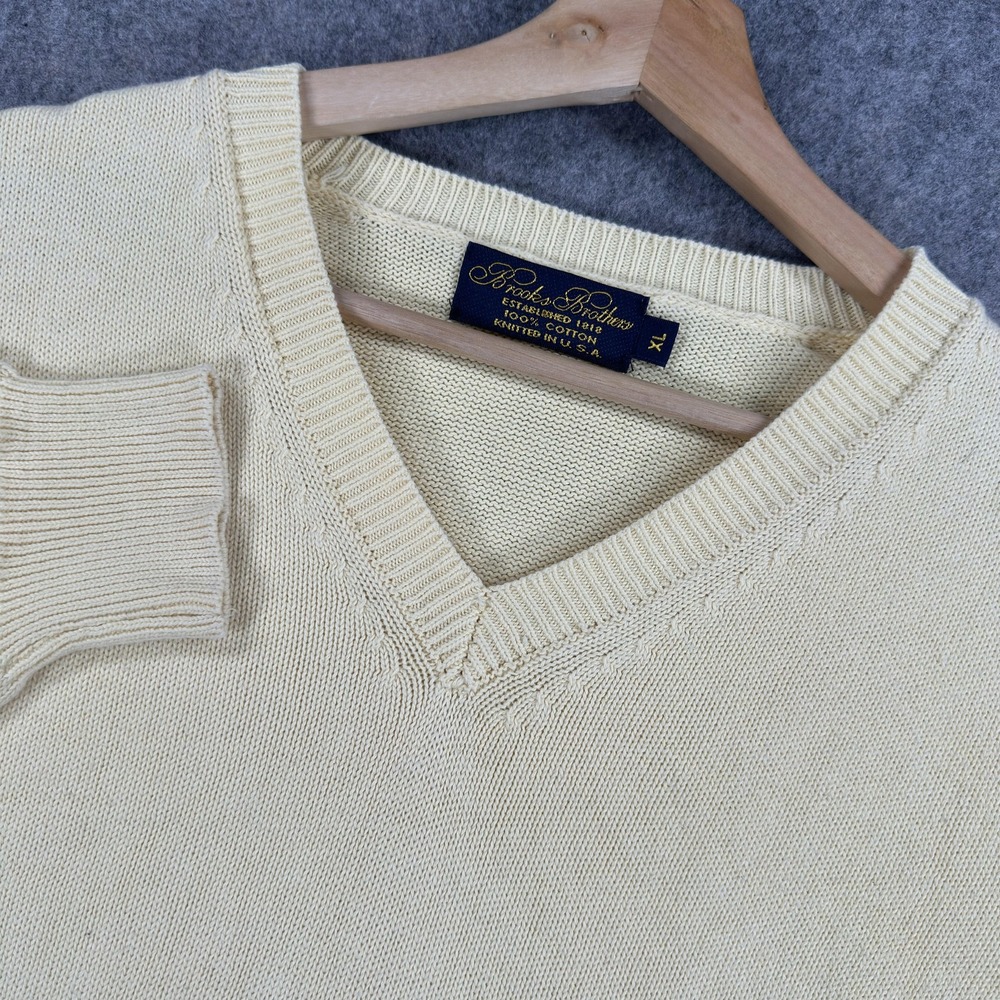 Brooks Brothers Sweater Mens XL Yellow 100% Cotton V Neck Knit Pullover‎ USA